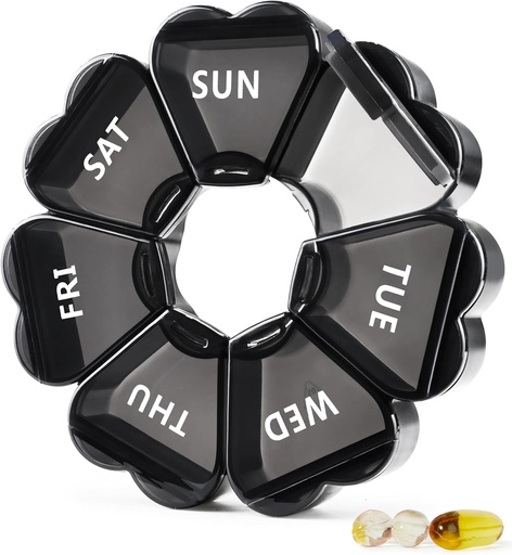 [BRSW2GL7BYAQODY2] MOLN HYMY Large Pill Organizer 7 Day, Pretty Weekly Pill Box Case, Cute Girly Medicine Dispenser Container for Vitamin, Gummy, Medication, Supplement (Black)