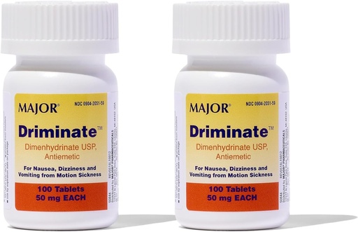 [BRSWKFAACYMROAA5] MAJOR Driminate - Dimenhydrinate 50mg Motion Sickness Tablets - Anti-Nausea Medicine - 100 Tablets (2 Pack)