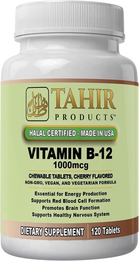 [BRSRAAQ2BB6Q4G3V] Tahir Halal Vitamine B12 1000mcg: stimule l'énergie, le métabolisme et la santé du système nerveux. Vegan & Végétarien, sans laiterie, 120 comprimés à croquer. Fabriqué aux États-Unis - Certifié Halal.