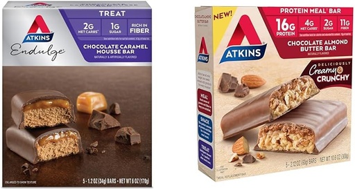 [BRSROBIPAEIQYH33] Atkins Endulge Chocolate Caramel Mousse Bar, Dessert Favorite, 1g Sugar, High in Fiber, 5 Count & Chocolate Almond Butter Protein Meal Bar, Keto Friendly, 5 Count