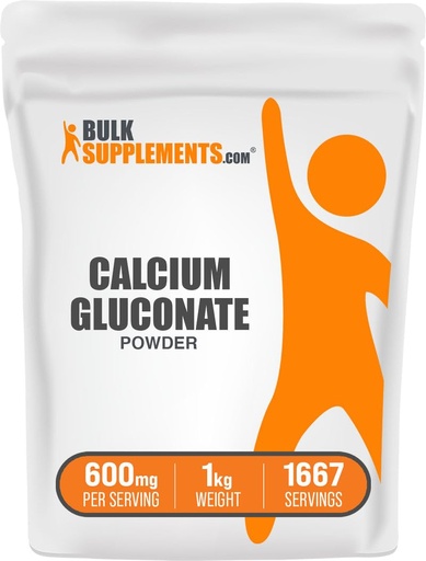 [BRSWIFYACAMQ2HLE] BulkSupplements.com Calcium Gluconate Powder - Calcium Supplement, Easily Absorbed - Unflavored & Gluten Free, 600mg per Serving, 1kg (2.2 lbs) (Pack of 1)