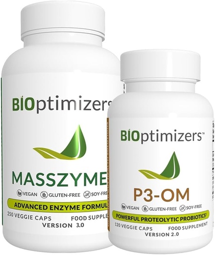 [BRSWGGADAUJWGYDX] BiOptimizers - P3-OM and MassZymes Bundle - Premium Digestive Enzymes and Probiotics for Women and Men - Doctor-Formulated (250 MassZymes Capsules, 120 P3-OM Capsules)
