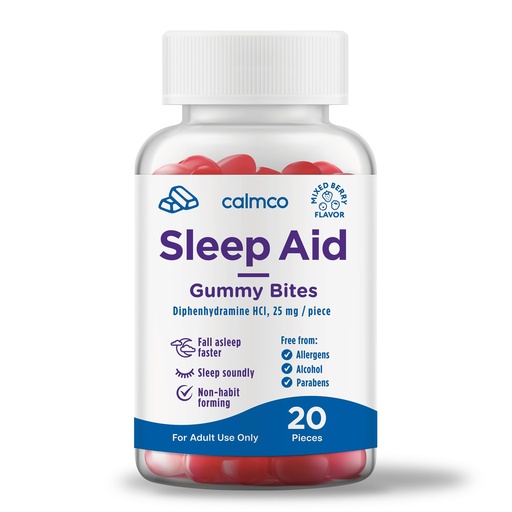 [BRSROBT5OEJQ2YDL] CalmCo Adult Sleep Aid Gummy Bites - Non-Habit Forming Sleep Support with Diphenhydramine HCl 25 mg, Easy-to-Chew Nighttime Sleep Aid Gummies, Promotes Better Sleep, and Fall Asleep Faster, 20 Count