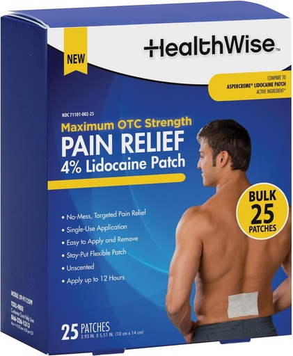 [BRSROFA3DENBEYI7] HealthWise 4% Lidocaine Pain Relief Patch | Maximum OTC Strength | 25-Count | 3.93” x 5.51” | Soothes Minor Aches and Pains | Odor Free | Topical Anesthetic | Easy to Apply Flexible Adhesive