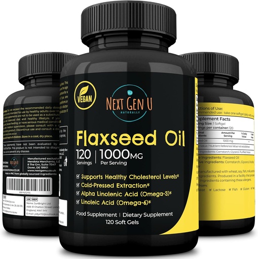 [BRSWYZA6BYNRUYA6] Flaxseed Oil Capsules - 1000 mg - 120 Vegan Soft Gels - High in Omega 3, 6, 9 - Cold Pressed Flax Seed Formel - 4 Months Supply - by NextGenU