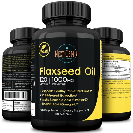 [BRSWYZA6BYNRUYA6] Flaxseed Oil Capsules - 1000 mg - 120 Vegan Soft Gels - High in Omega 3, 6, 9 - Cold Pressed Flax Seed Formula - 4 Months Supply - by NextGenU