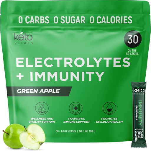 [BRSW2BQLBYIBEELV] Keto Vitals Inmunity Sugar Free Electrolytes Powder with Vitamin C, Ginger, Turmeric, " Elderberry - Boost Your Immune System and Rehydrate Your Body - Green Apple Flavor, 30 Count
