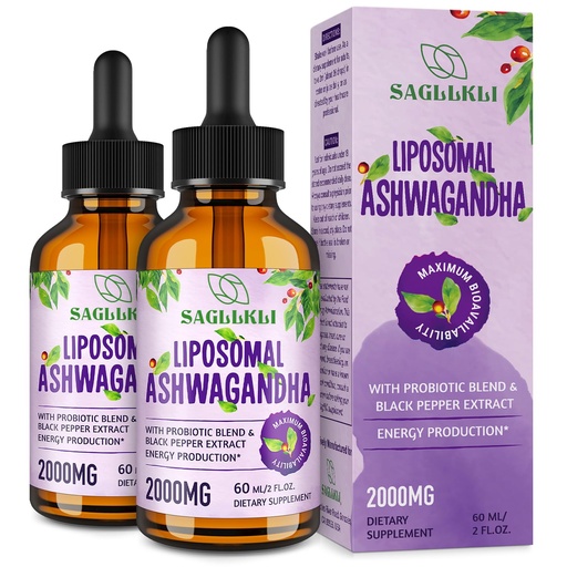 [BRSROCQRCIDWEADG] Liposomal Ashwagandha Liquid Drops 2000mg, Ashwagandha Root Extract Supplement (7% Withanolides) with Black Pepper Extract & Probiotics for Focus, Cognition & Energy - 4 FL.OZ (2 Bottle)