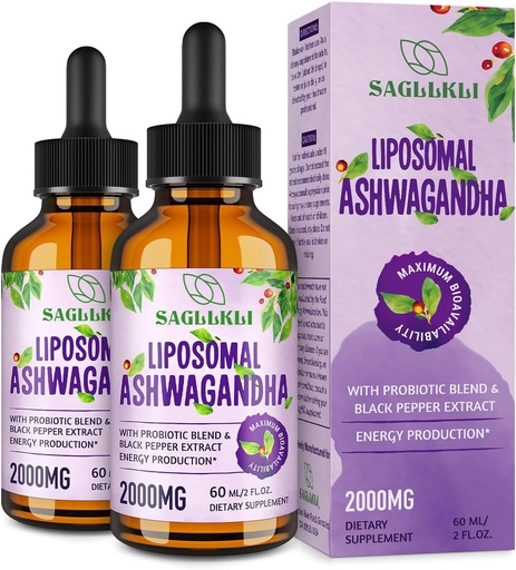 [BRSROCQRCIDWEADG] Liposomal Ashwagandha Vedelik tilgad 2000mg, Ashwagandha juure ekstrakti täiendada (7% Withanolides) koos Black Pepper ekstrakti ja probiootikumid fookus, tunnetus ja energia - 4 FL.OZ (2 pudelit)