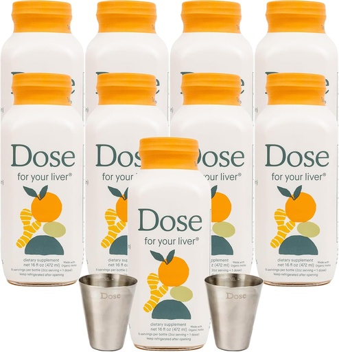 [BRSROCQ2OENBEH3L] DOSE for Your Liver Support Supplement Shot| Non GMO, Vegan, Gluten Free, Kosher Pareve | 16oz (9 Bottles) & 2oz Shot Glass (2 Glasses)