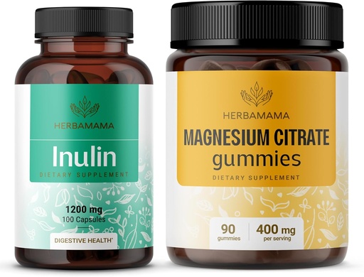 [BRSRAGAYC4BBM3DA] HERBAMAMA Inulin and Magnesium Kit - Bundle of 1200 mg Inulin Fiber Capsules & 400 mg Magnesium Citrate Gummies - Vegan, Non-GMO, Gelatinl-Free - 2 Pack