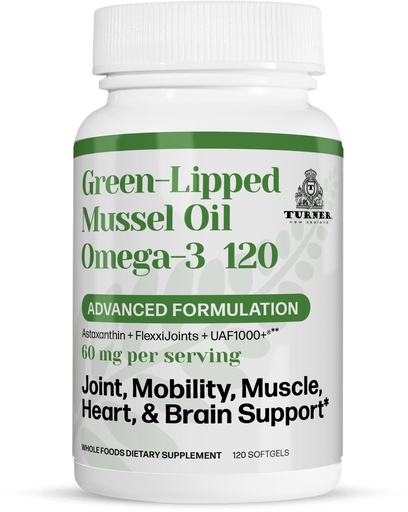 [BRSRO2T3OYBQ4H3D] TURNER New Zealand Green Lipped Omega-3 Mussel Oil, 53x Higher Potency with UAF1000+ Super Antioxidant for Superior Joint Comfort & Mobility, No Fishy Aftertaste, 1 Bottle, 120 Softgels