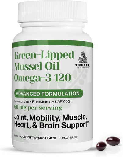 [BRSRO2T3OYBQ4H3D] TURNER New Zealand Green Lipped Omega-3 Mussel Oil, 53x Higher Potency with UAF1000+ Super Antioxidant for Superior Joint Comfort & Mobility, No Fishy Aftertaste, 1 Bottle, 120 Softgels