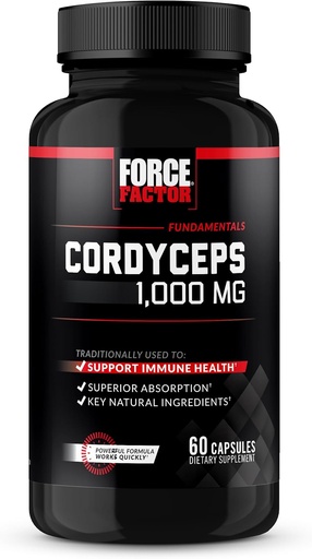 [BRSWYCQRBYPQMCDZ] FORCE FACTOR Cordyceps capsule con 1000mg di Cordyceps Sinensis Mushroom Extract, tradizionalmente utilizzato per migliorare la vitalità, con BioPerine per assorbimento rapido, ingredienti naturali chiave, 60 capsule