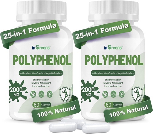[BRSREAY7OJ5QODL2] 25-in-1 Polyphenols Supplement, 2000MG Antiossidanti potenti & Polyphenol per la difesa dell'età, Superfood polifenolo, Quercetina, Resveratrolo, Basato vegetale & energia, Supporto immunitario, 120 capsule