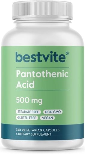 [BRSW2AYZB4NA2A32] BESTVITE Acide pantothénique 500mg (vitamine B5)(240 Capsules végétariennes) - Pas de stéarate - Pas de gélatine - Pas de silicate de calcium - Vegan - Non OGM - Sans gluten