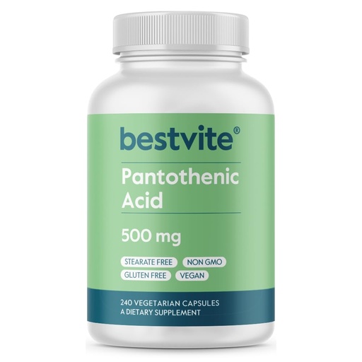 [BRSW2AYZB4NA2A32] BESTVITE Pantothenic Acid 500mg (Vitamin B5)(240 Vegetarian Capsules) - No Stearates - No Gelatin - No Calcium Silicate - Vegan - Non GMO - Gluten Free