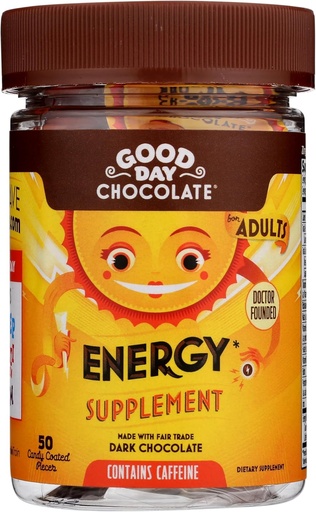 [BRSWYZQHCAMBE3L2] Good Day Chocolate Energy Supplements for Adults [50 Count] Fair Trade Caffeine Chocolate with B-Vitamins, Green Tea Extracts and 20 mg Caffeine Per Piece - Energy Booster for Women and Men