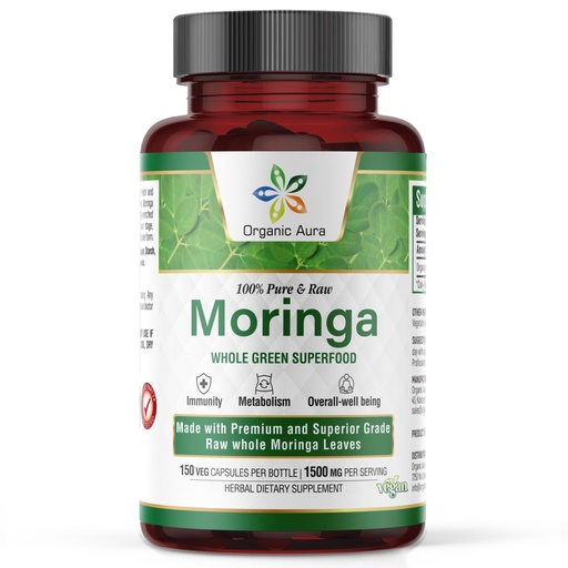 [BRSROEL7O4NA2AAY] Organic Aura Moringa Leaf Capsules | 1500mg - 150 HPMC Veg | Whole Leaves Green Super Food Nutrition | Naturally Boosts Metabolism, Energy, Health, & Stamina | 100% Pure Safe Moringa |Non GMO.