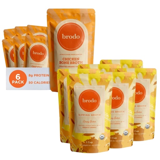 [BRSRABQCCACAM237] Brodo Deeply Rooted Organic Kylling Broth med gurkemeie & Ginger ® Nutrient Dense, Chef Crafted Bone Broth i Single Serving Pouches ® Ikke laget av konsentrat, Ingen Preservatives (6x 8.3 oz Pouches)