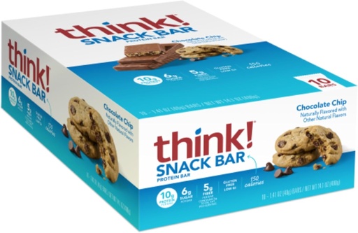 [BRSWYFACDN7B42TF] think! Protein Bars with Chicory Root for Fiber, Digestive Support, Gluten Free with Whey Protein Isolate, Chocolate Chip, Snack Bars without Artificial Sweeteners, 1.4 Oz (10 Count)