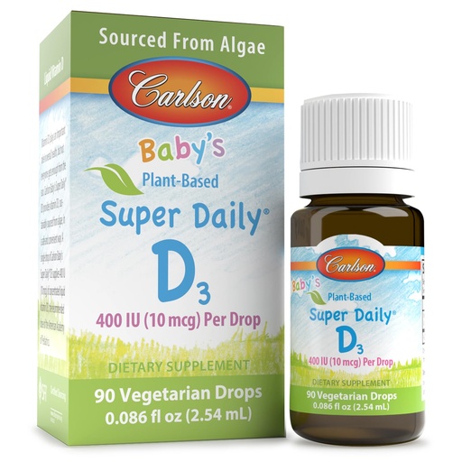 [BRSROFIRDMJWOHLK] Carlson - Baby's Plant-Based Super Daily D3, Baby Vegetarian Liquid Vitamin D Drops, 400 IU (10 mcg) per Drop, Sourced from Algae, for Infants and Toddlers, Unflavored, 90 Drops (2.54 mL)