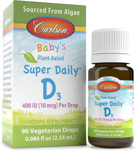 [BRSROFIRDMJWOHLK] Carlson - Baby's Plant-Based Super Daily D3, Baby Vegetarian Liquid Vitamin D Drops, 400 IU (10 mcg) per Drop, Sourced from Algae, for Infants and Toddlers, Unflavored, 90 Drops (2.54 mL)