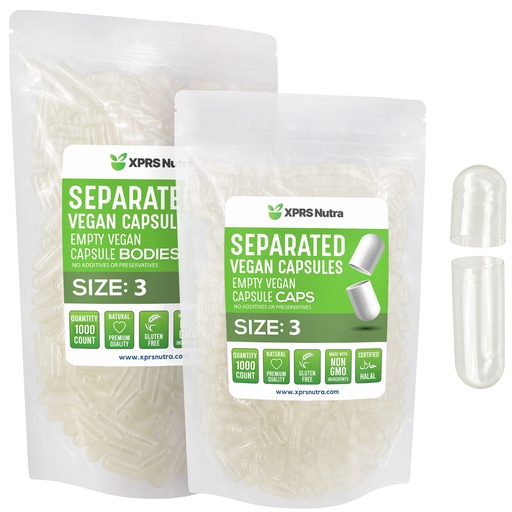 [BRSRMZYLAFYQKDQY] XPRS Nutra Vegan Size 3 Separated Capsules- 1000 Count Premium Empty Caps Separated in Bags - Clear Empty Capsules - Pills for DIY Supplement Filling