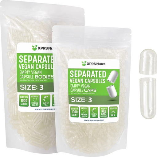 [BRSRMZYLAFYQKDQY] XPRS Nutra Vegan Size 3 Separated Capsules- 1000 Count Premium Empty Caps Separated in Bags - Clear Empty Capsules - Pills for DIY Supplement Filling