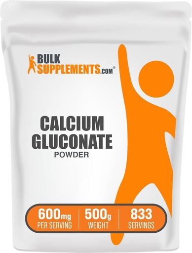 [BRSWIFYACAMQ2HA7] BulkSupplements.com Calcium Gluconate Powder - Calcium Supplement, Easily Absorbed - Unflavored & Gluten Free, 600mg per Serving, 500g (1.1 lbs) (Pack of 1)