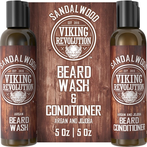 [BRSWGGAFPMMA2CL2] Viking Revolution Beard Wash & Beard Conditioner Set w/Argan & Jojoba Oils - Softens & Strengthens - Natural Beard Shampoo w/Beard Oil Sandalwood (5oz)