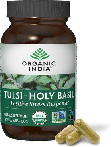 [BRSWIYIZAQHQODQ3] ORGANIC INDIA Tulsi Holy Basil Capsules - Holy Basil Extract - Holy Basil Leaf Supplement, Herbal Supplement, Immune Support, Stress Relief, Vegan, Gluten-Free, Kosher, Organic, Non-GMO - 90 Capsules