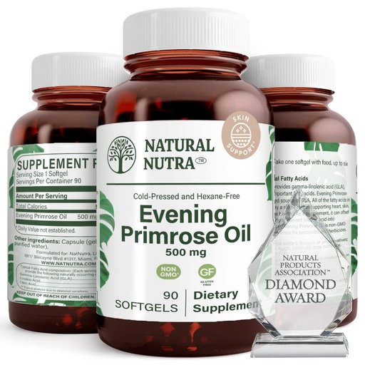 [BRSWIBQADJ7RYFYV] Natural Nutra Evening Primrose Oil Supplement from Fatty Acid, Nerve Health, Helps Reduce Skin Blemishes, Balance Body Secretions, Promote Heart Health, Skin Clarity, 500 mg, 90 Softgels