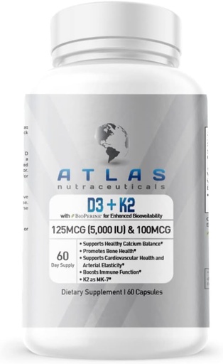 [BRSRMFIEAFYAICI2] Atlas Nutraceuticals-Vitamin D3+K2- Vitamin D3 5000IU Plus K2, 2 in 1 Formula, MK7 Vitamin K2, 60 Capsules, Immune Vitamin Complex