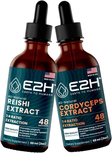[BRSROZIQDIORE2Y2] E2H: Reishi & Cordyceps Extractos - Energía, Longevidad, Energía, Resistencia &amp; Apoyo Inmunitario - No GMO, Vegan - 2 Fl Oz Cada (4 Fl Oz Total) - Bundle