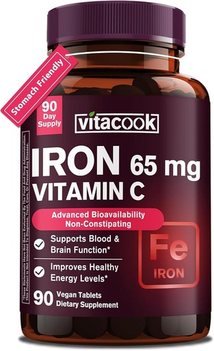 [BRSRAHT5CJ7BS232] Iron Supplement for Women Men | High Potency Iron 65mg with Vitamin C 250mg | Stomach Friendly Iron Pills for Red Blood Cell & Immune Support | Vegan, Non-GMO & Gluten Free | 90 Tablets