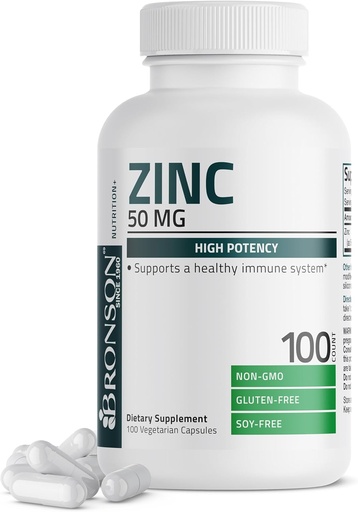 [BRSWYGIOCUNWE3YU] Bronson Zinc 50mg Complexo de alta potência Imune Supplement & Antioxidante e Saúde da Pele - Não OGM, 100 Cápsulas Vegetarianas