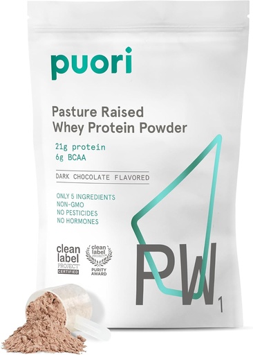 [BRSWGYL7PIFRSYDL] Puori Whey Protein Powder, Dark Chocolate - PW1 Pasture-Raised, Grass-Fed Whey Protein Powder Drink Mix containing BCAA Amino Acids - Post-Workout Supplement for Muscle Gain & Recovery - 30 Servings