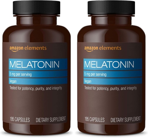 [BRSRAGT7BUNGMCT6] Elementos - Melatonina 5mg Cápsulas, Ayudas con insomnio ocasional, Vegan, Desarrollado, 195 Cuenta (Pack of 2), 6 Mes de Suministro (Packaging May Vary)