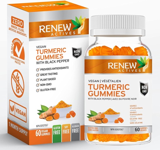 [BRSWYAAQDEFB62Y3] RENEW ACTIVES Vegan Turmeric 130MG per 2 Gummies with Black Pepper for Enhanced Absorption – Antioxidant Support & Immune Health – Great Tasting, Easy-to-Swallow Supplement, Made in Canada– 60 Gummies