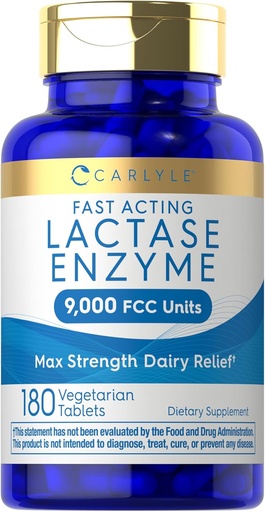 [BRSRMAIZOAARGYDX] Carlyle Lactase Enzyme Pills 9000 FCC | 180 Tablets | Fast Acting Dairy Relief Supplement | Max Strength Support | Non-GMO, Gluten Free