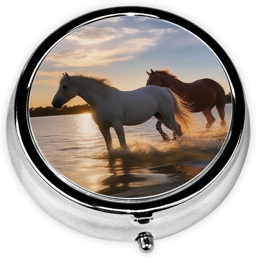 [BRSROGI3PJYB4YDA] Sunsets Lake Horses Cetak Kotak Pill Round 3 Kompartemen Obat Pill Case Portable Pill Container untuk Tambahan Obat Harian Vitamin
