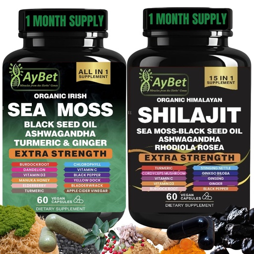[BRSRAGQ3O4DWYDIV] Sea Moss & Himalayan Shilajit Supplement Combo–Herbal Formula with Black Seed Oil, Ashwagandha, Rhodiola, Turmeric, Ginger – Mineral, Antioxidant Support–Organic, Halal, Vegan Capsules–120 Count