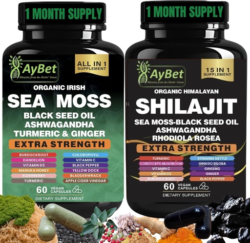[BRSRAGQ3O4DWYDIV] Sea Moss Shilajit Combo Bundle Capsule, Black Seed Oil, Ashwagandha, Rhodiola Rosea, Burdock, Turmeric, Ginger, VitC, VitD3, All in One Supplement, 120 Capsules, Halal, Vegan, USDA Organic