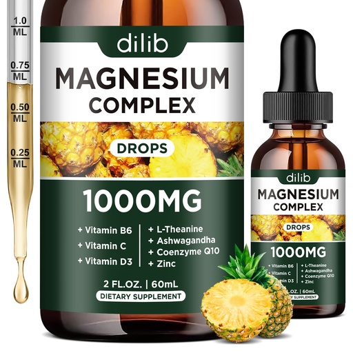[BRSRAZTQA4BQGGQY] Triple Magnesium Complex Supplement, Magnesium Glycinate, Blend, Citrate Liquid Drops 1000mg with Ashwagandha, CoQ10, Vitamin B6, C, D, Zinc - Vegan Pineapple Flavor