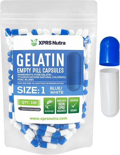 [BRSWY2QLBNYAY3LP] XPRS Nutra Size 1 Empty Capsules - 100 Count Empty Gelatin Capsules - Pill DIY Capsule Filling - Pure Bovine Pill Gel Caps for Do-It-Yourself Supplements (Blue/White)