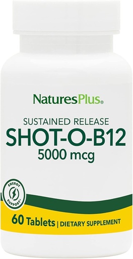 [BRSWIYQTPJ7Q233G] Natures Plus Shot-O-B12 (Methylcobalamin), Sustained Release - 5000 mcg, 60 Vegetarian Tablets - High Potency, Fast Acting B12 Supplement - Memory & Energy Booster - Gluten-Free - 60 Servings