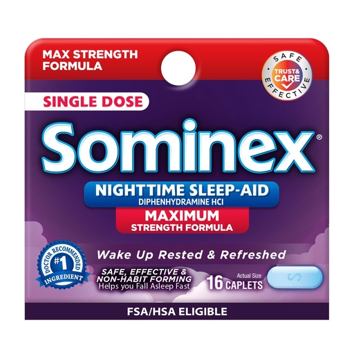 [BRSWIEYZAUOR42D4] Sominex Nighttime Sleep-Aid Tablets, Maximum Strength Formula, Single Dose, Assorted, 16 Count