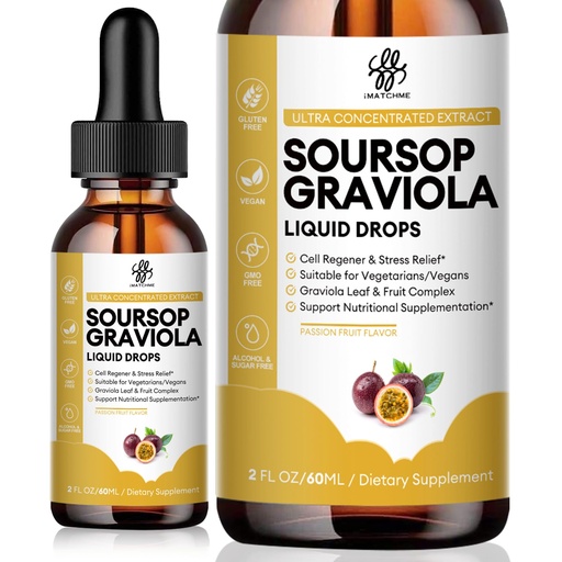 [BRSROAIKBAPQKD37] iMATCHME Premium Soursop Graviola for Digestion, Support Healthy Skin & Sleep, Soursop Extract Liquid Drop from Graviola Leaf and Fruit, Sugar/Caffeine/Gluten Free, Passion Fruit Flavor, 2 Fl Oz