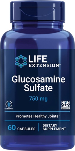 [BRSW2ZQHCUDQOYIZ] Life Extension Gliukozamino sulfatas, 750 mg, Palaiko Kelio komfortą ir bendrą sveikatą, Nemokama, Ne GMO, 60 kapsulių